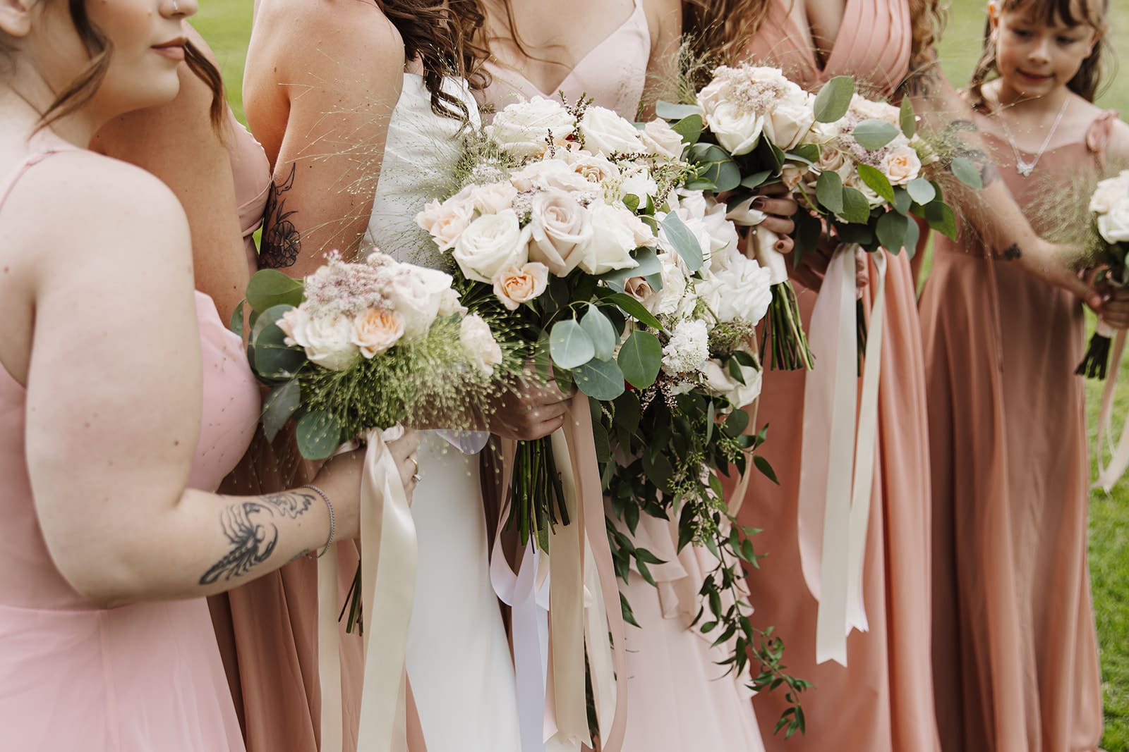 Pink, white and green wedding florals