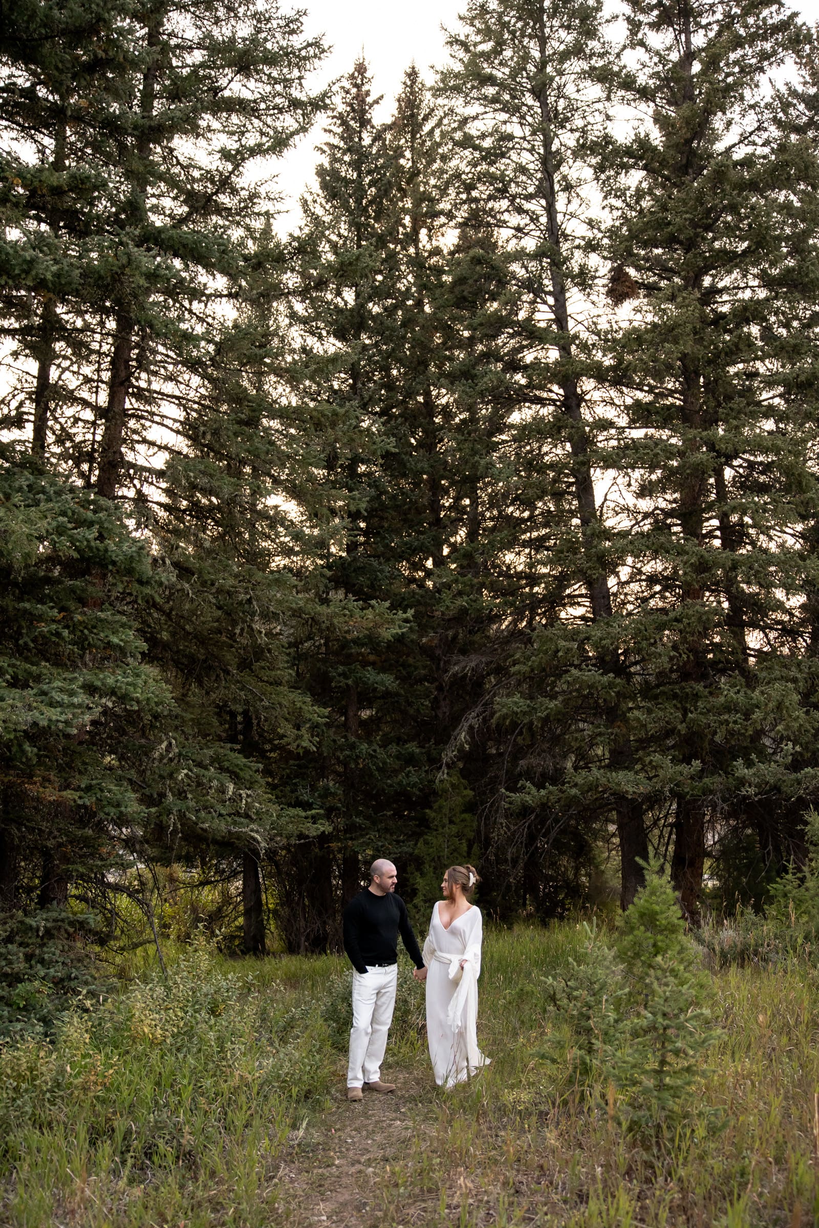 Couple holding hands in a meadow at sunset during their Big Sky Montana engagement session.