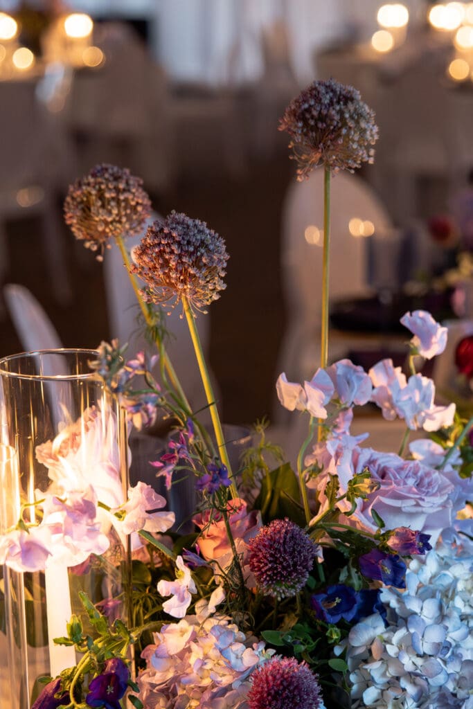 Editorial floral centerpiece featuring lavender and pastel blooms at a Biltmore Estate wedding.