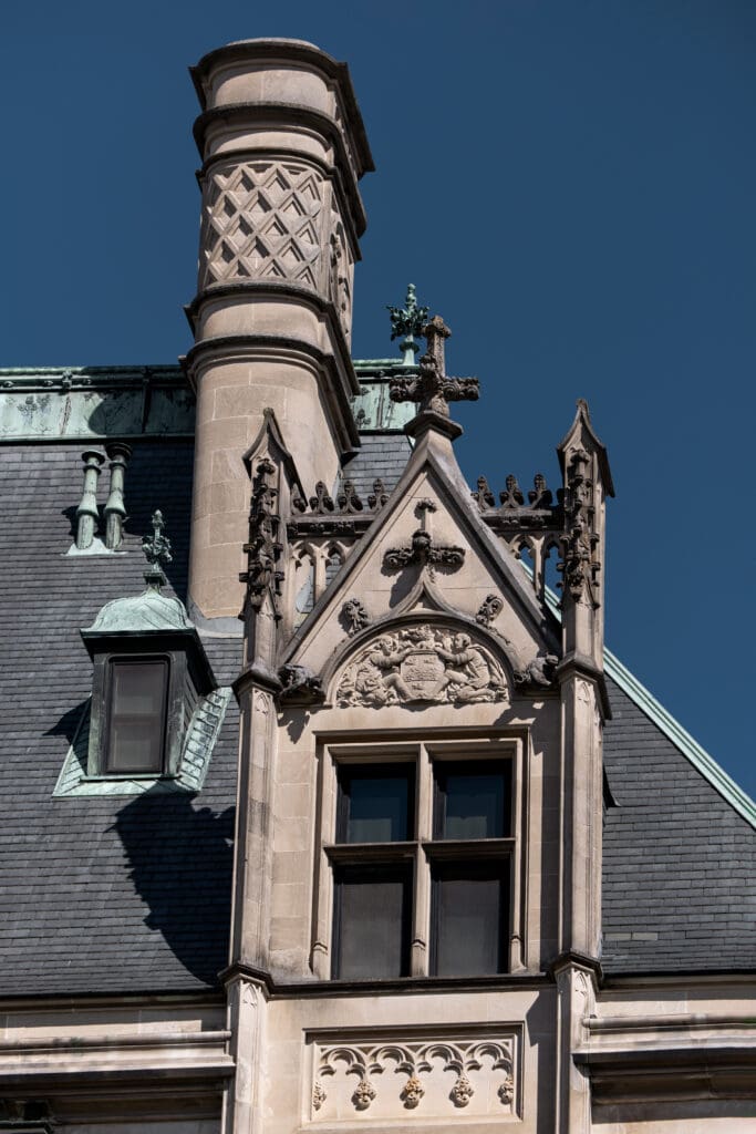 Architectural tower and ornate stonework at the Biltmore Estate, photographed by a Biltmore wedding photographer for elegant Biltmore wedding photos.