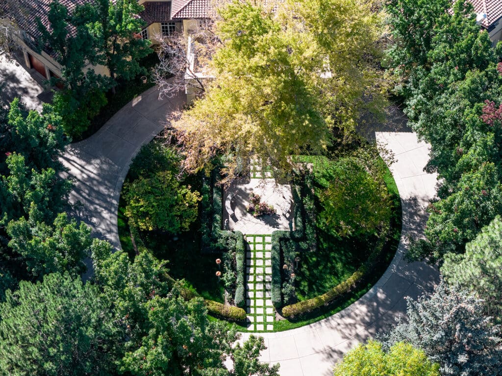 Drone view of symmetrical garden pathways at Oceana’s Gardens wedding venue in Boulder.