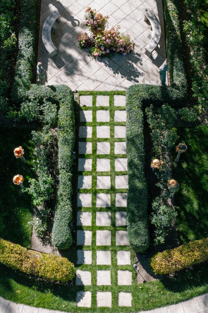 Aerial view of manicured garden walkway and floral design at Oceana’s Gardens in Boulder.