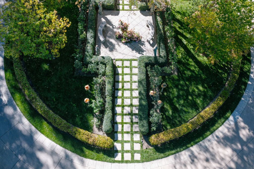 Aerial view of Oceana’s Gardens courtyard by editorial wedding photographer in Boulder, Colorado.