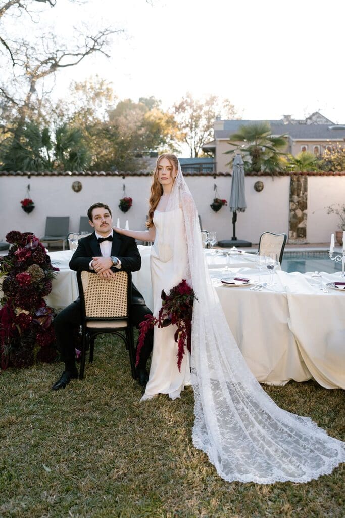 Editorial bridal bouquet with lace gown photographed at Santa Barbara destination wedding.
