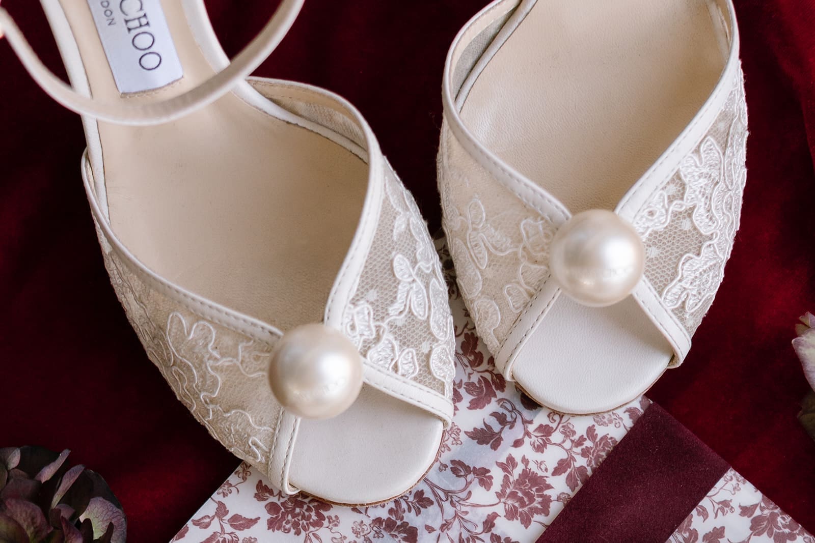 Luxury wedding details of designer Jimmy Choo wedding heels.