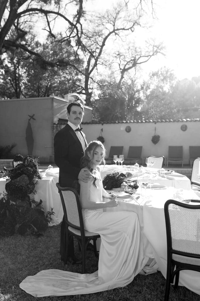 A timeless black-and-white portrait photographed by Santa Barbara Editorial Destination Wedding Photographer Frazier & Co. This scene highlights the refined elegance possible at California wedding venues outdoor, blending natural light, editorial composition, and cinematic storytelling.