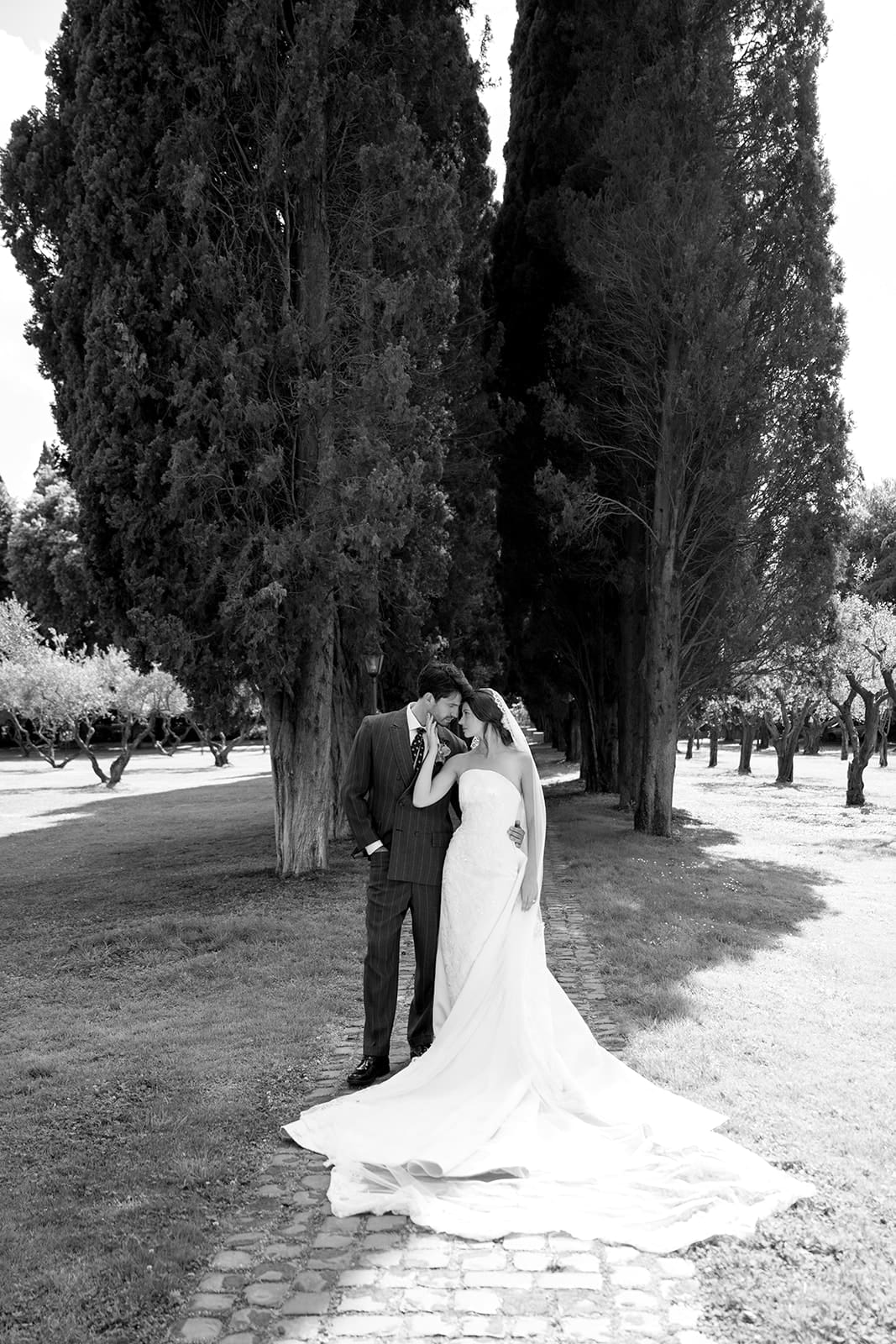 Black and white silhouette of bride and groom beneath towering cypress trees at Relais Appia Antica, romantic destination wedding photography in Rome