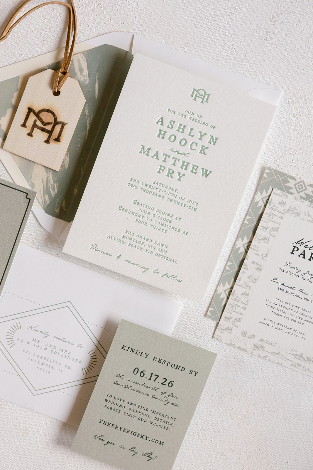Luxury wedding invitation suite with monogram wax seal and geometric border for a Montage Big Sky wedding in Big Sky, Montana