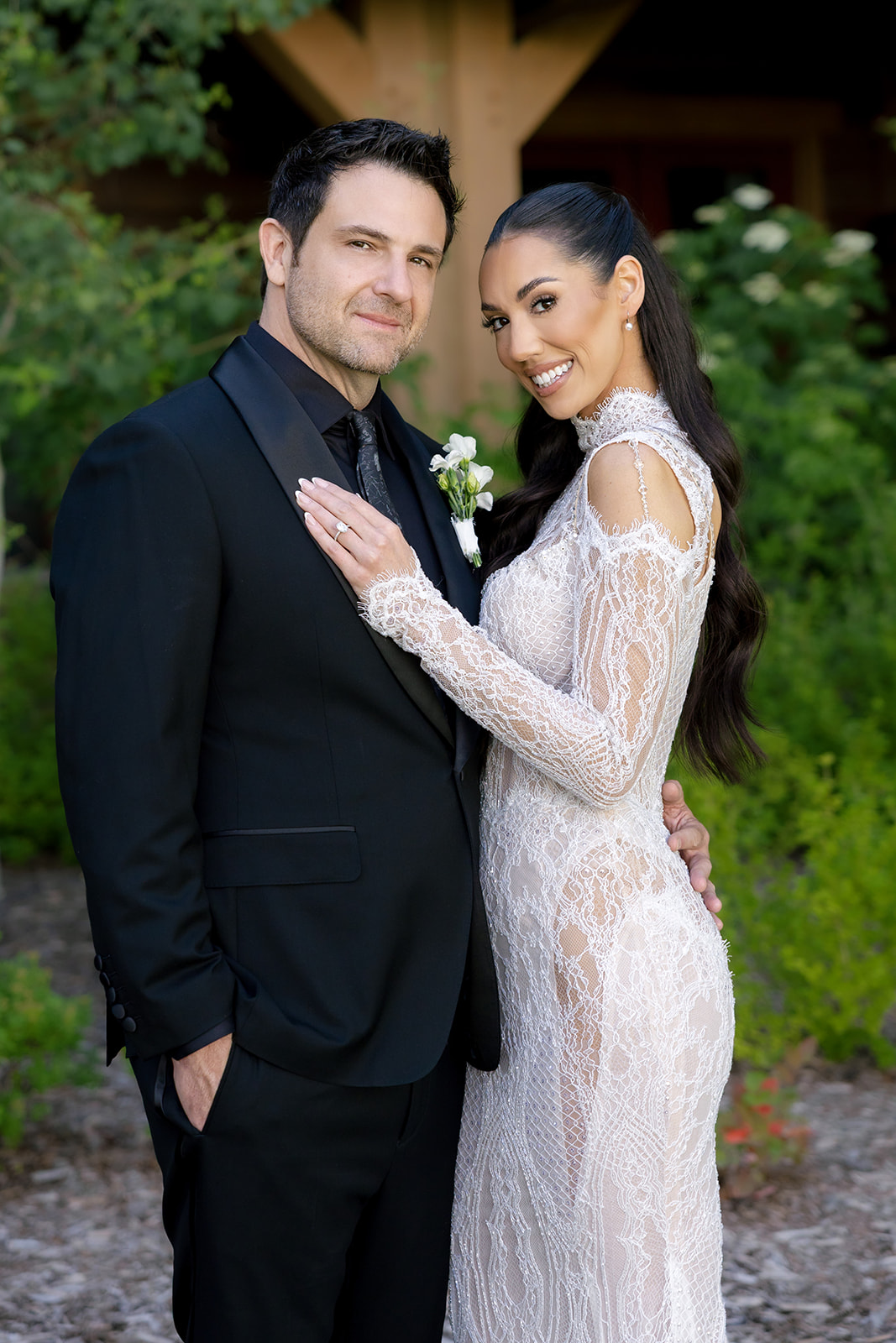 Bride and groom portrait at Montage Big Sky, bride in a Galia Lahav Élysée cold-shoulder lace gown